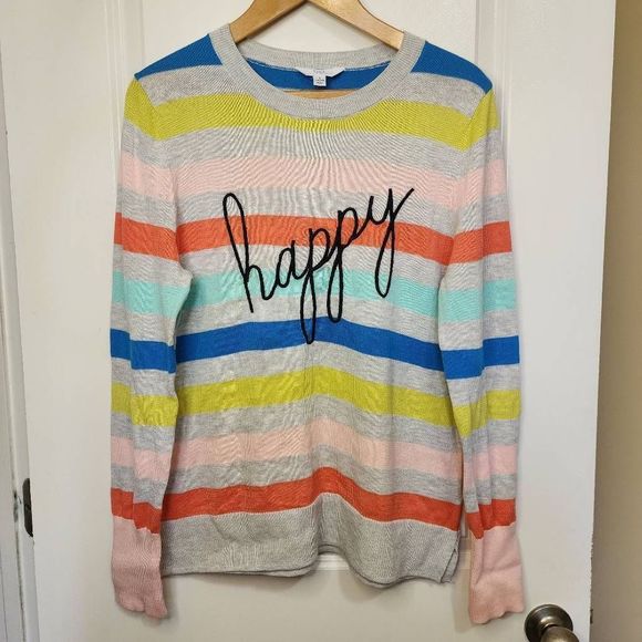 Time and Tru Women's Pullover Sweater Happy Embroidered Multicolor Large 12-14 - Picture 1 of 5